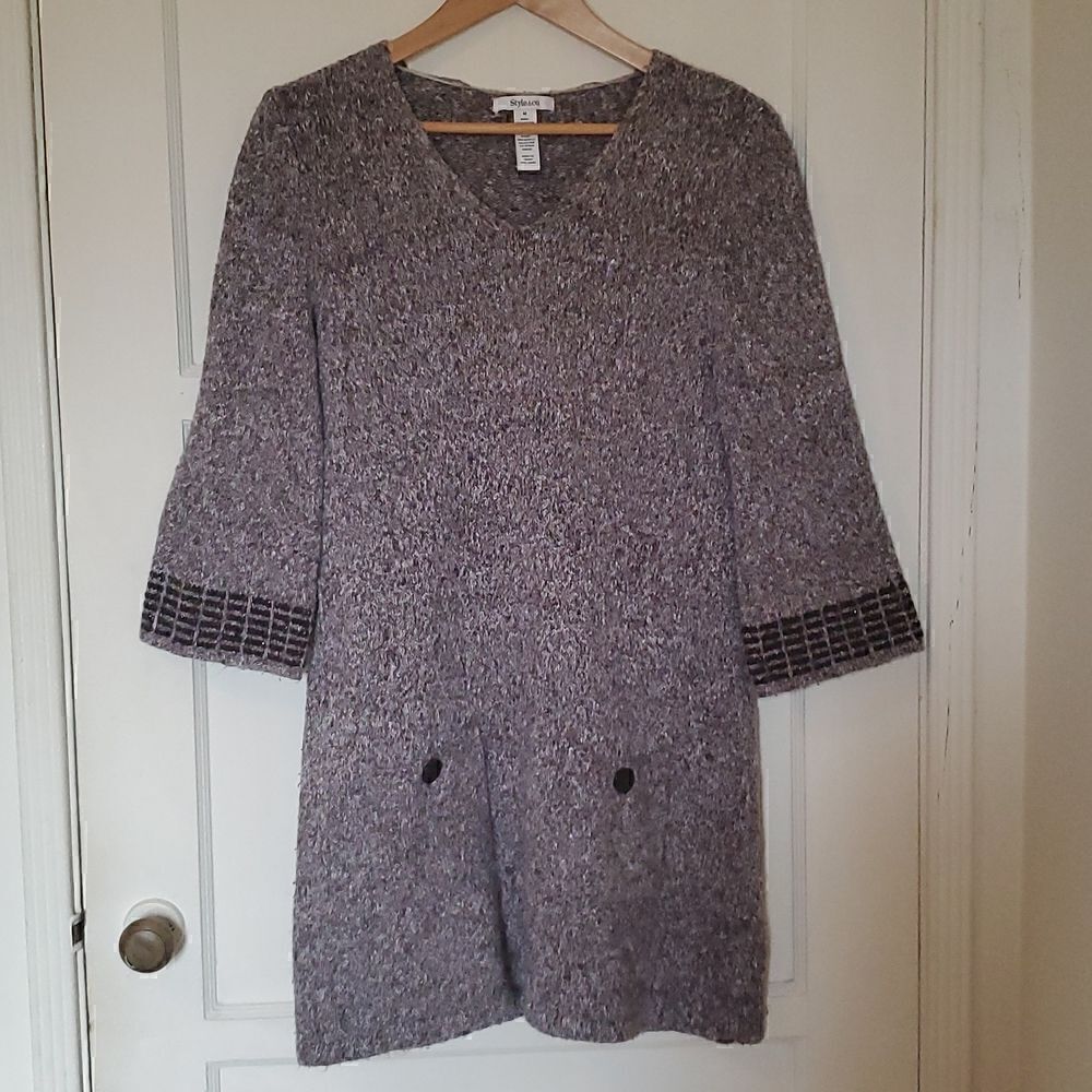 Style & Co Brown Knit Sweater Dress 3/4 Sleeve Bell Sleeves Size M
